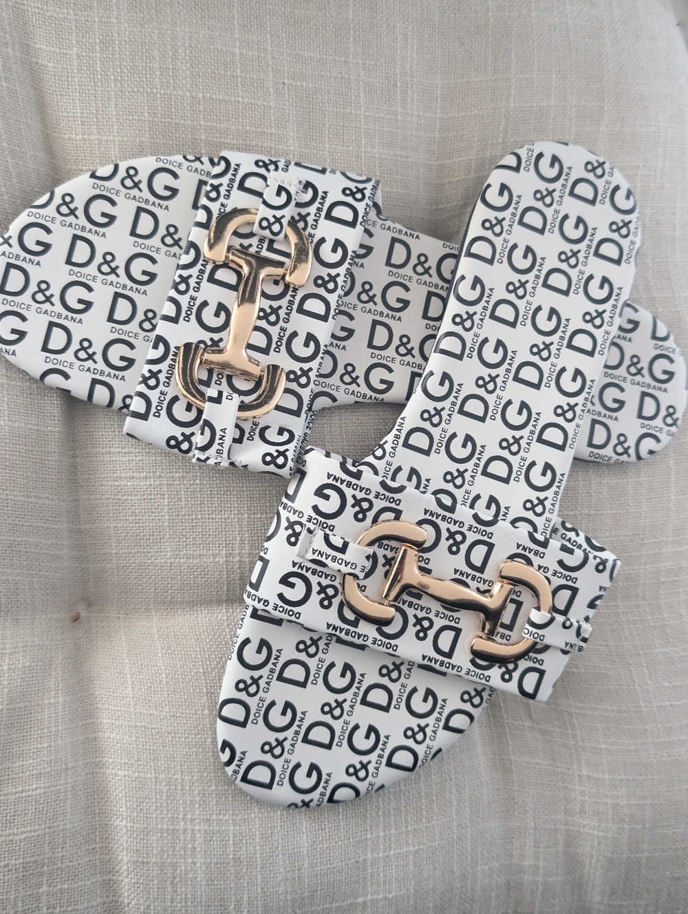 D&G White Logo Slide Sandals with Gold Buckle from Tik Tok Shop - Picture 2 of 6